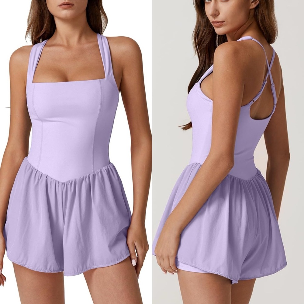 QINSEN Square Neck Romper Light Purple Size M Athletic Flowy Shorts NWOT